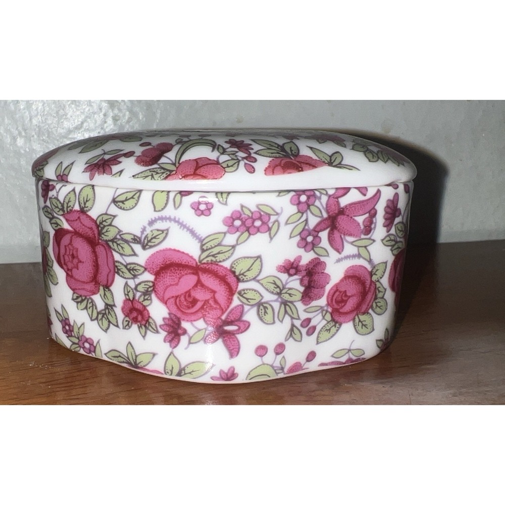 Porcelain Trinket Box & Lid Dresser Dish White Pink Roses Rounded Diamond Shape